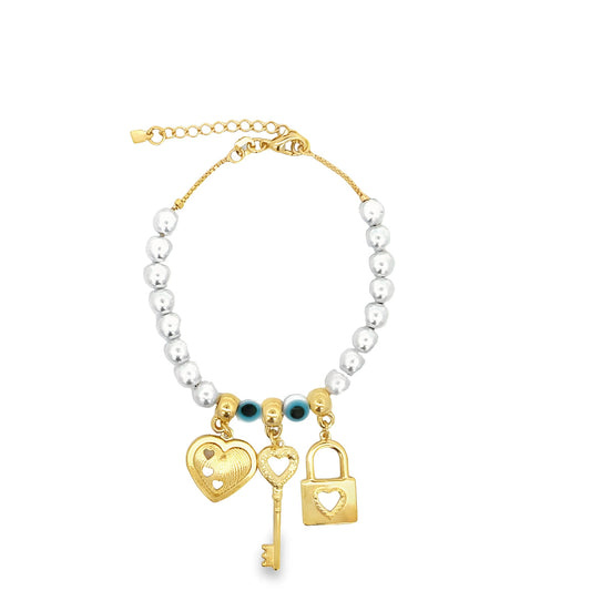 Pearl Adjustable Bracelet with Heart & Lock Charms