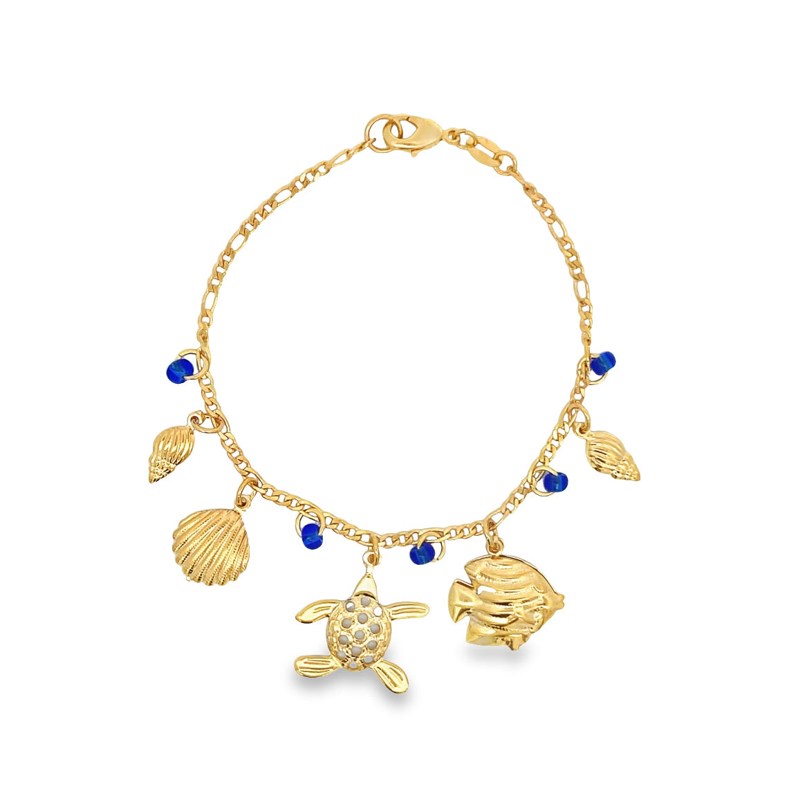 Blue Bead Bracelet With Fish, Turtle, Sea Shell Charms For Wholesale Jewelry And Findings 18K Gold Filled