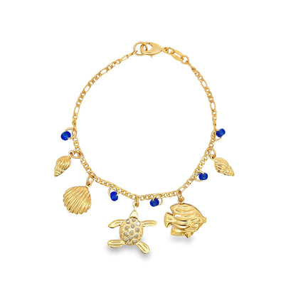 Blue Bead Bracelet With Fish, Turtle, Sea Shell Charms For Wholesale Jewelry And Findings 18K Gold Filled
