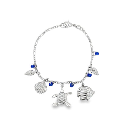 Blue Bead Bracelet With Fish, Turtle, Sea Shell Charms For Wholesale Jewelry And Findings 18K Gold Filled