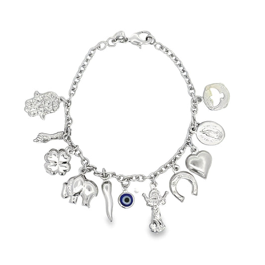 Charm Bracelet With Protection Charms, Hand of Hamsa, Four Leaf Clover, Evil Eye, Elephant Charms