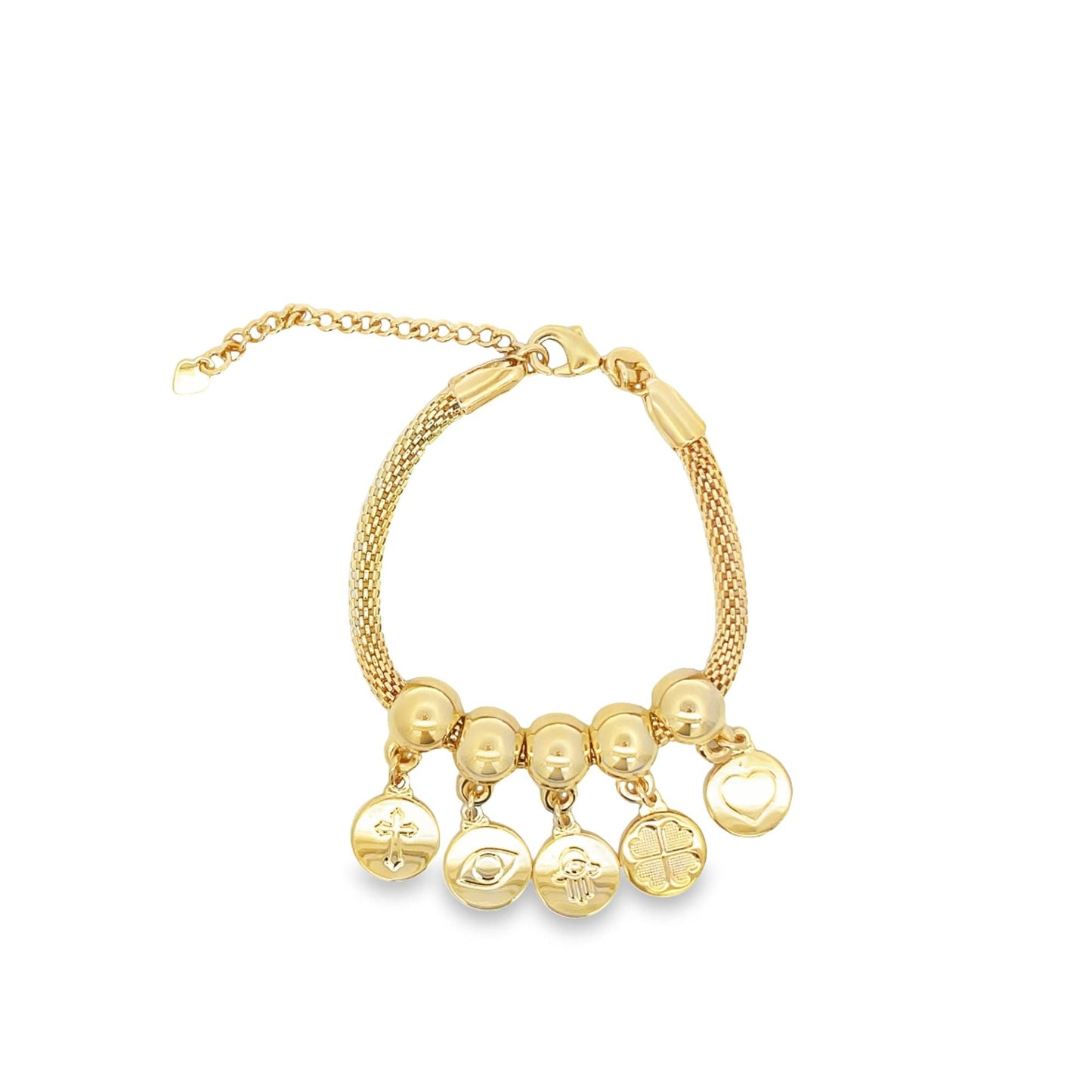 Gold Heart, Cross, Evil Eye, Hamsa Medallion Charm Bracelet