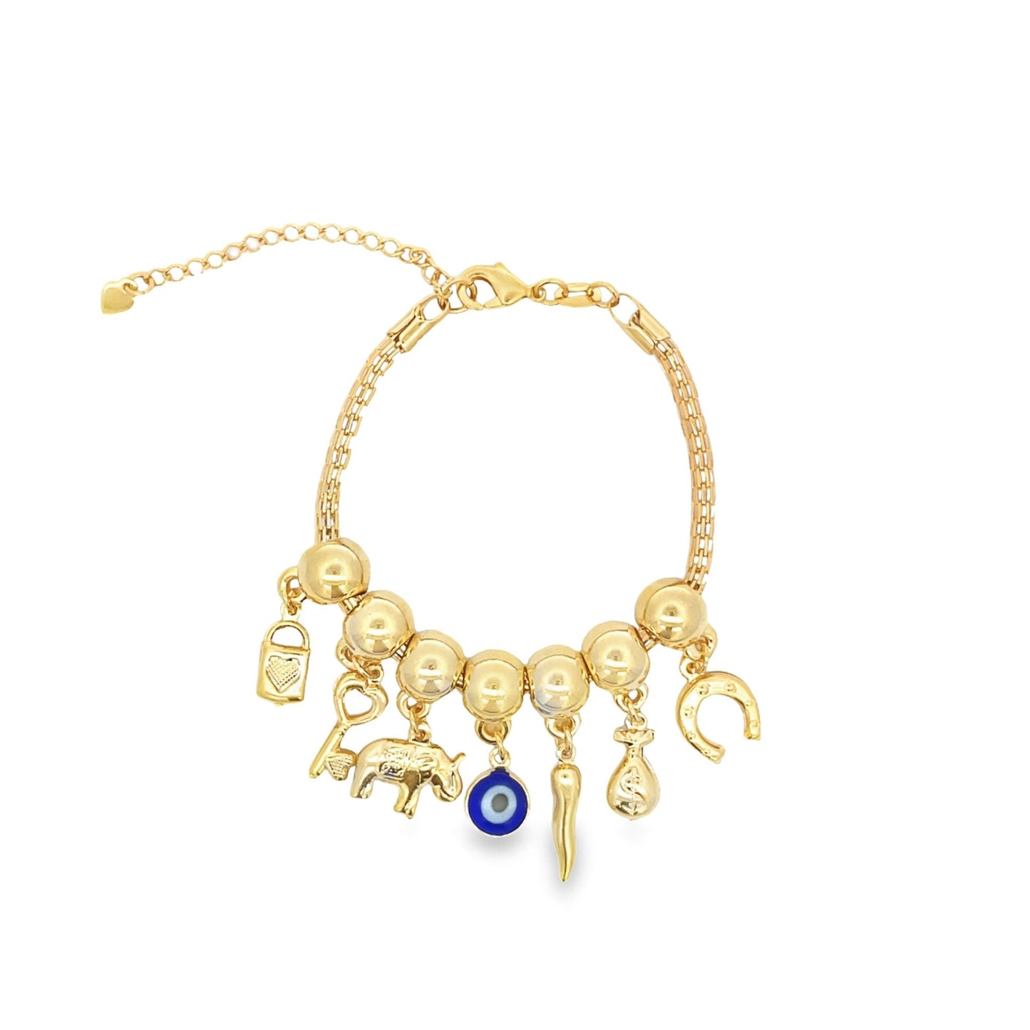 Charm Bracelet With Lock, Key, Evil Eye, Money, Horse Shoe Luck Charms
