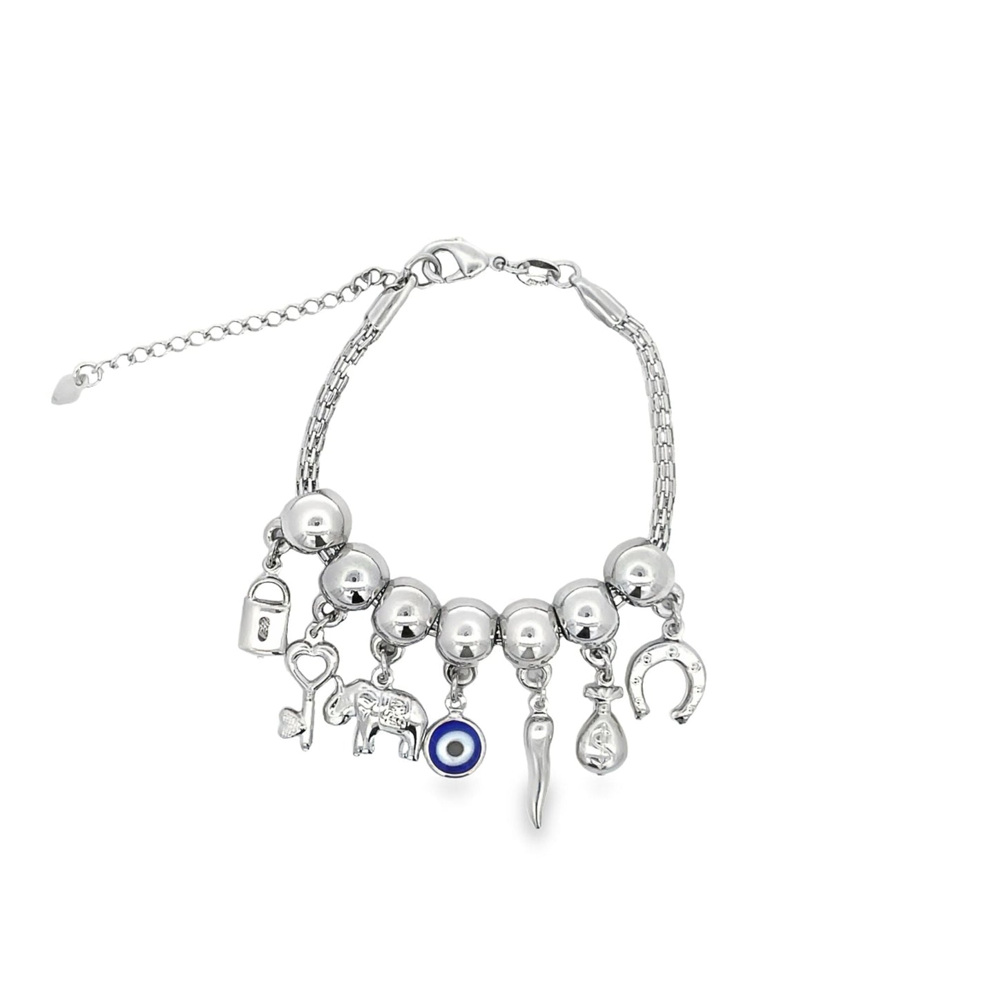 Charm Bracelet With Lock, Key, Evil Eye, Money, Horse Shoe Luck Charms