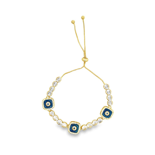 Evil Eye Adjustable Bracelet With Round Clear CZ Stones