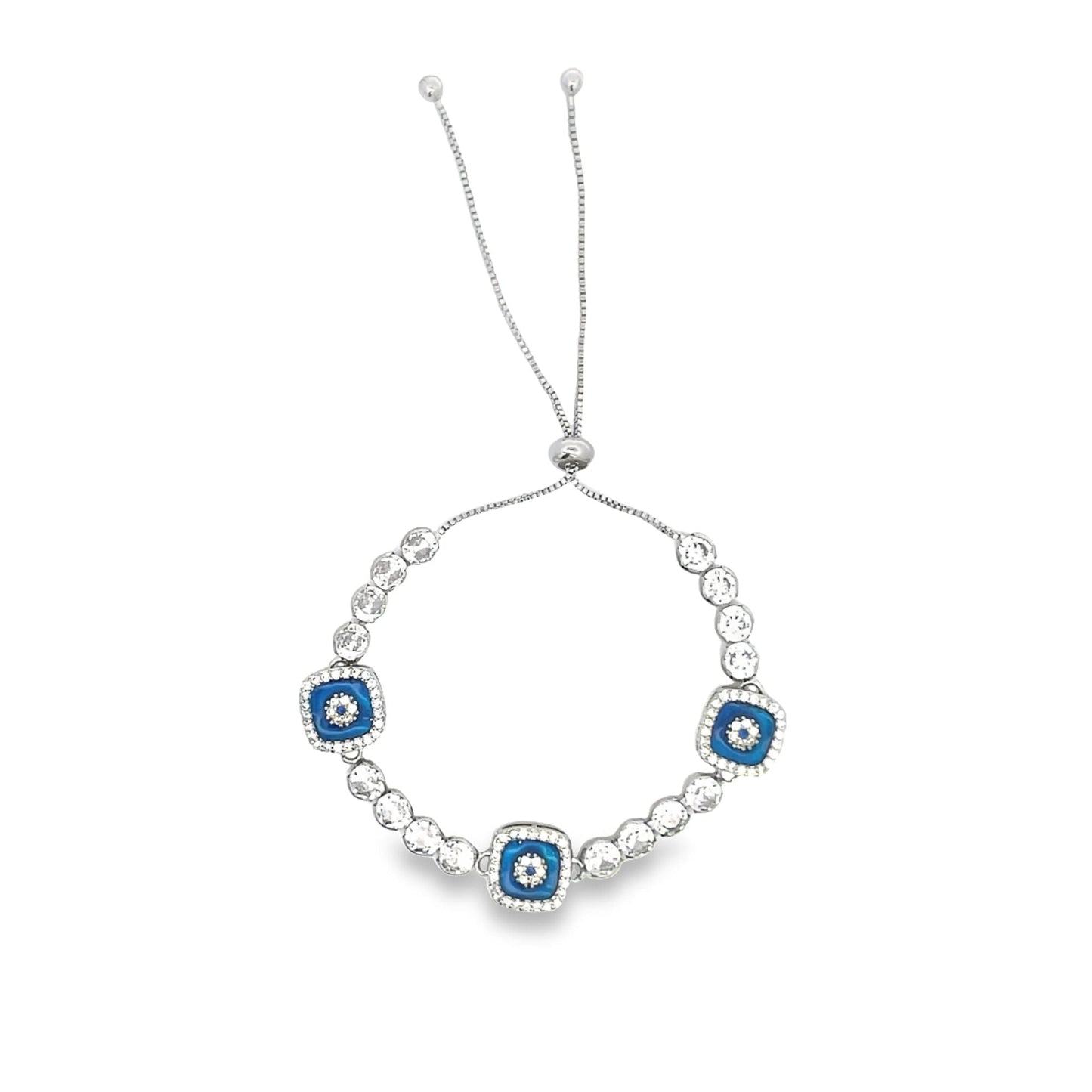 Evil Eye Adjustable Bracelet With Round Clear CZ Stones