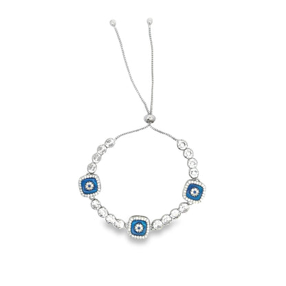 Evil Eye Adjustable Bracelet With Round Clear CZ Stones