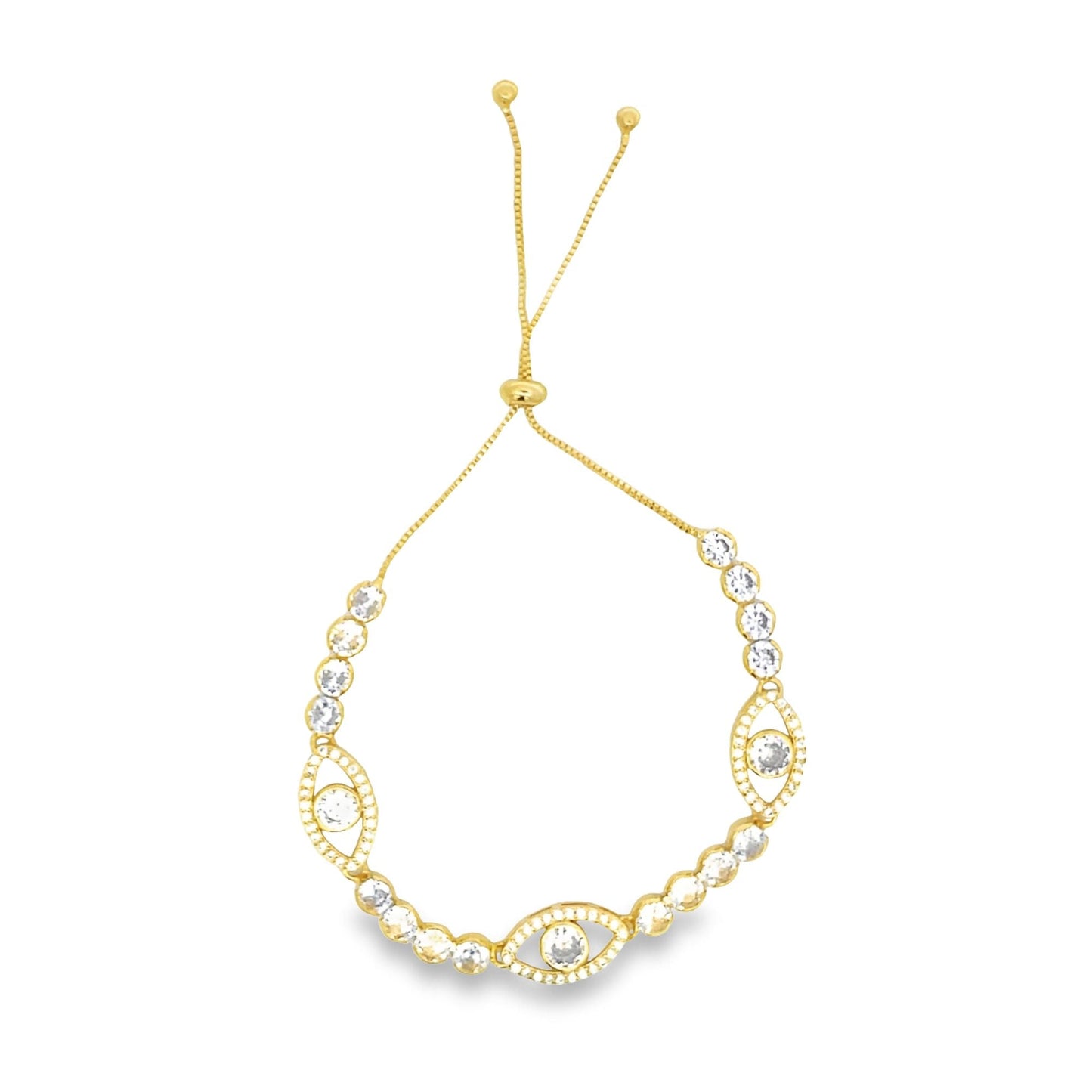 Oval Evil Eye Adjustable Bracelet With Round Clear CZ Stones