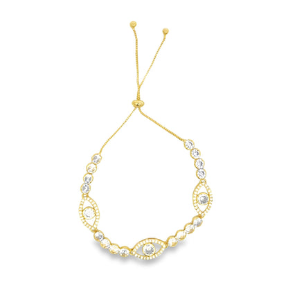 Oval Evil Eye Adjustable Bracelet With Round Clear CZ Stones