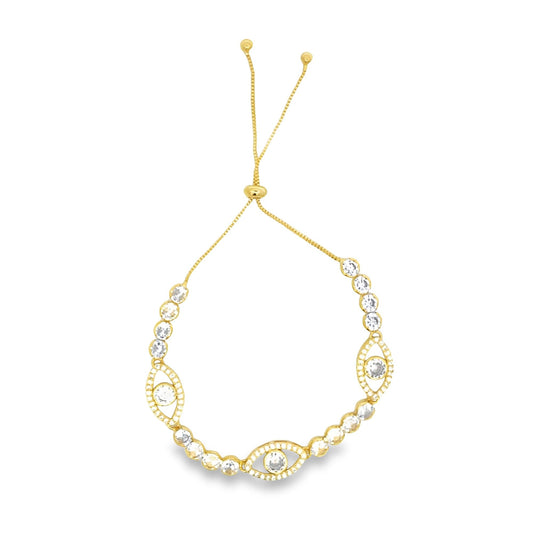 Oval Evil Eye Adjustable Bracelet With Round Clear CZ Stones