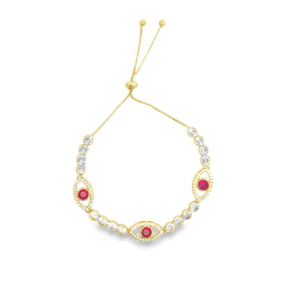 Oval Evil Eye Adjustable Bracelet With Round Clear CZ Stones
