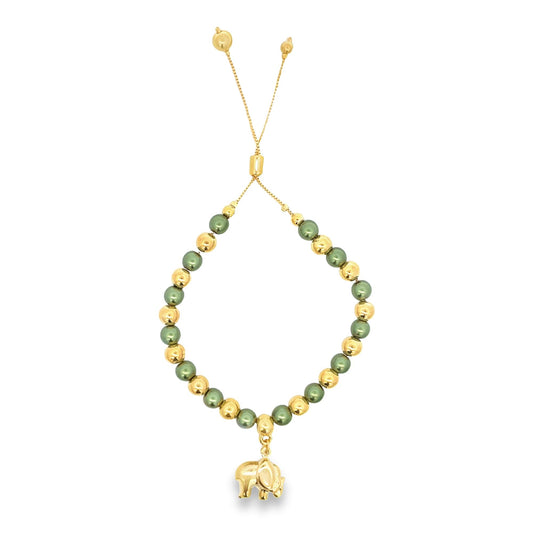 Elephant Charm Gold Green Beaded Adjustable Bracelet