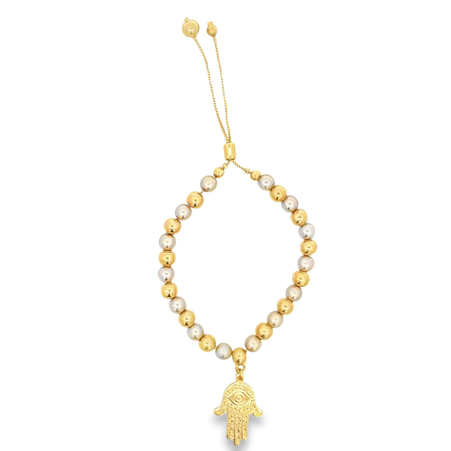 Evil Eye Hamsa Hand Charm Gold Beaded Adjustable Bracelet