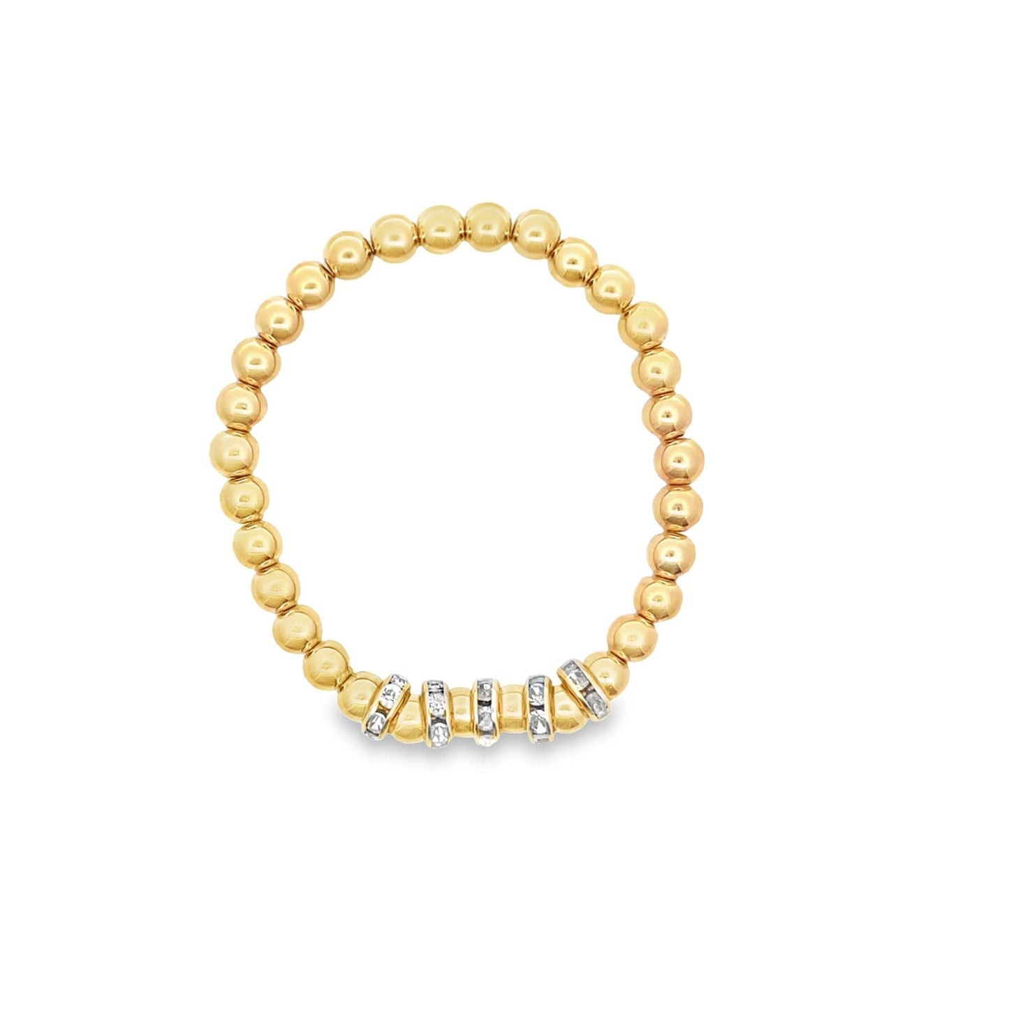 Gold Elastic Beaded Bracelet With Circular Zirconia Stone Charms