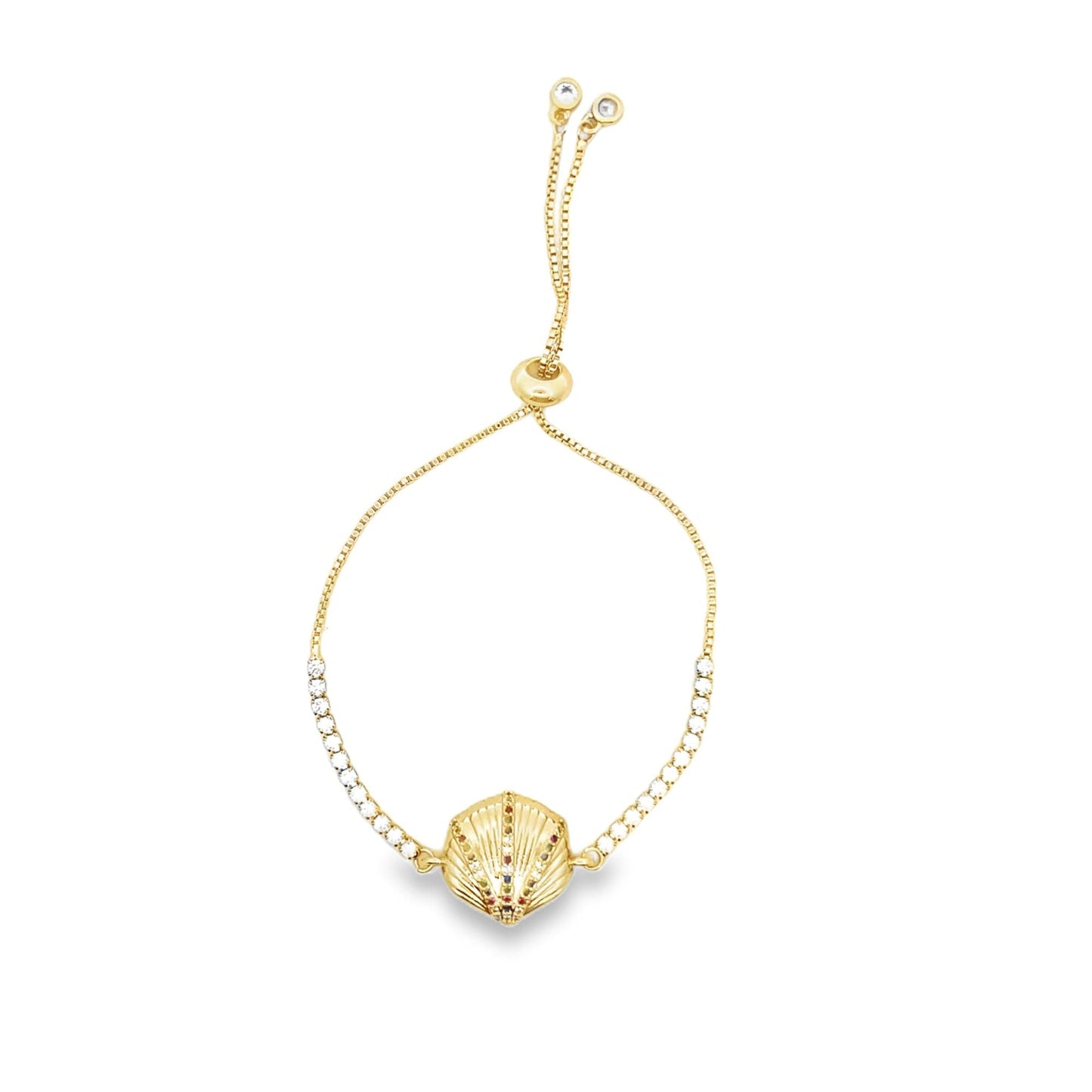 18K Gold Filled Adjustable Box Chain Bracelet With Clear and Multicolor CZ Stones And A Sea Shell Charm