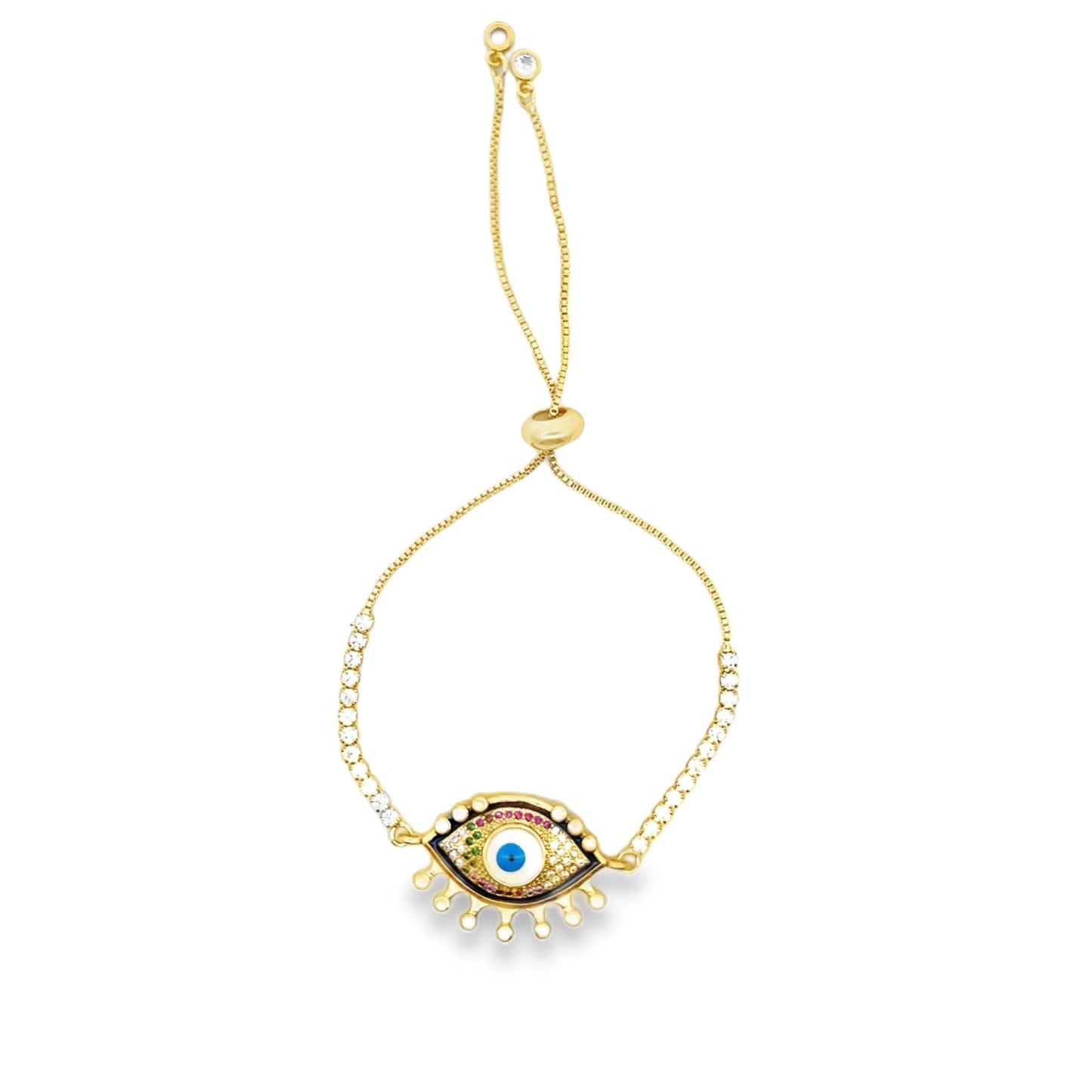 Adjustable Box Chain Bracelet With MutliColor and Clear CZ Stones On A Evil Eye Charm