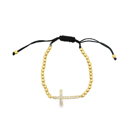 Gold Filled Adjustable Bead Bracelet with Cross Charm