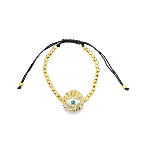 Adjustable Bead Bracelet With Egyptian Style Multicolor Oval Evil Eye CZ Stones Charm