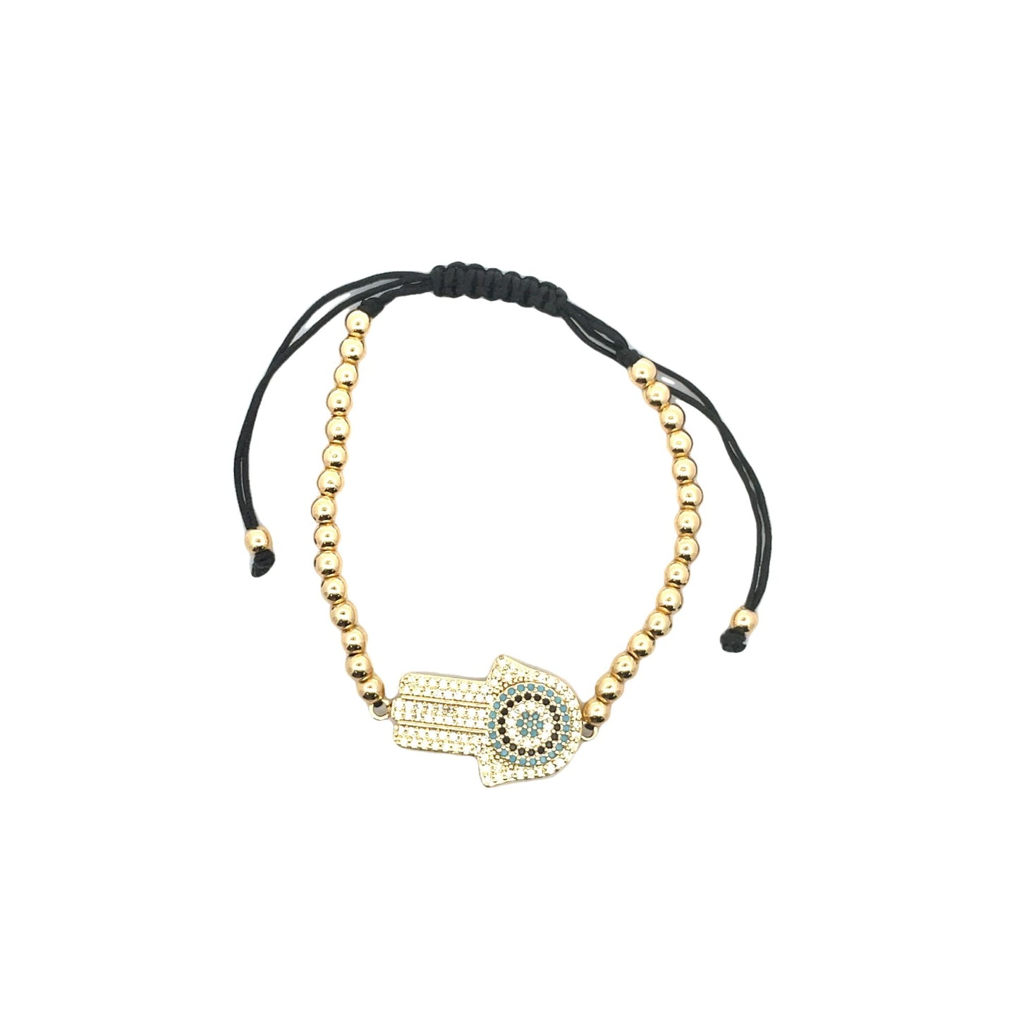 Adjustable Bead Bracelet With Hamsa Hand Black And Blue CZ Stones Charm