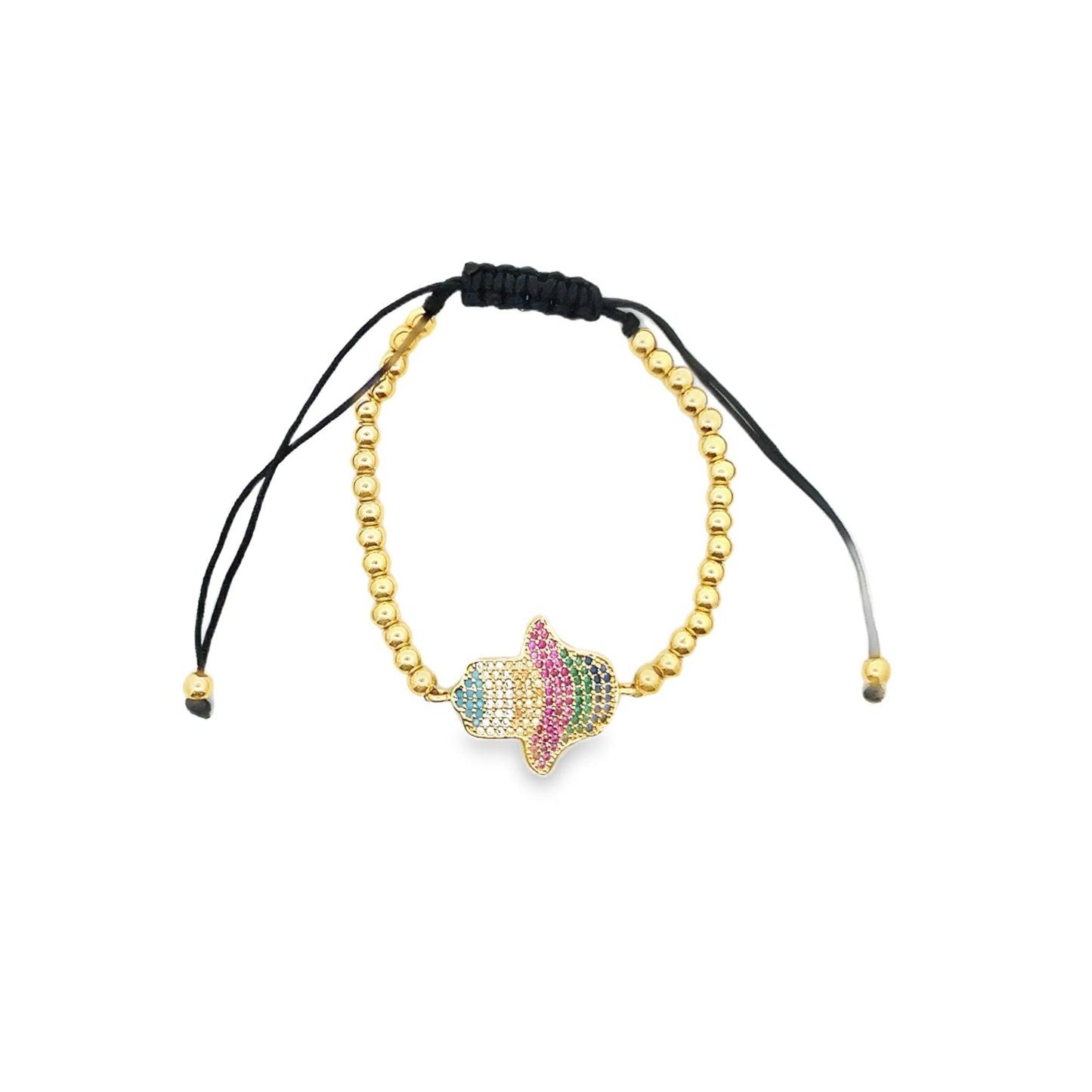 Adjustable Bead Bracelet With Multicolor Hamsa Hand CZ Stones Charm