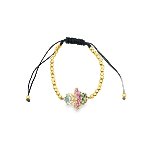 Adjustable Bead Bracelet With Multicolor Hamsa Hand CZ Stones Charm