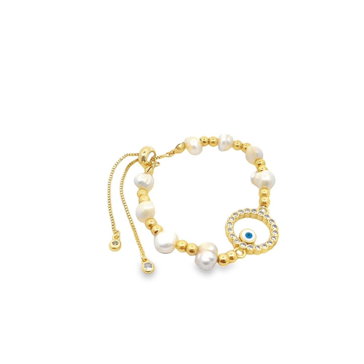 CZ Evil Eye Hollow Circle Shape Fresh Water Pearl Adjustable Beaded Protection Bracelet