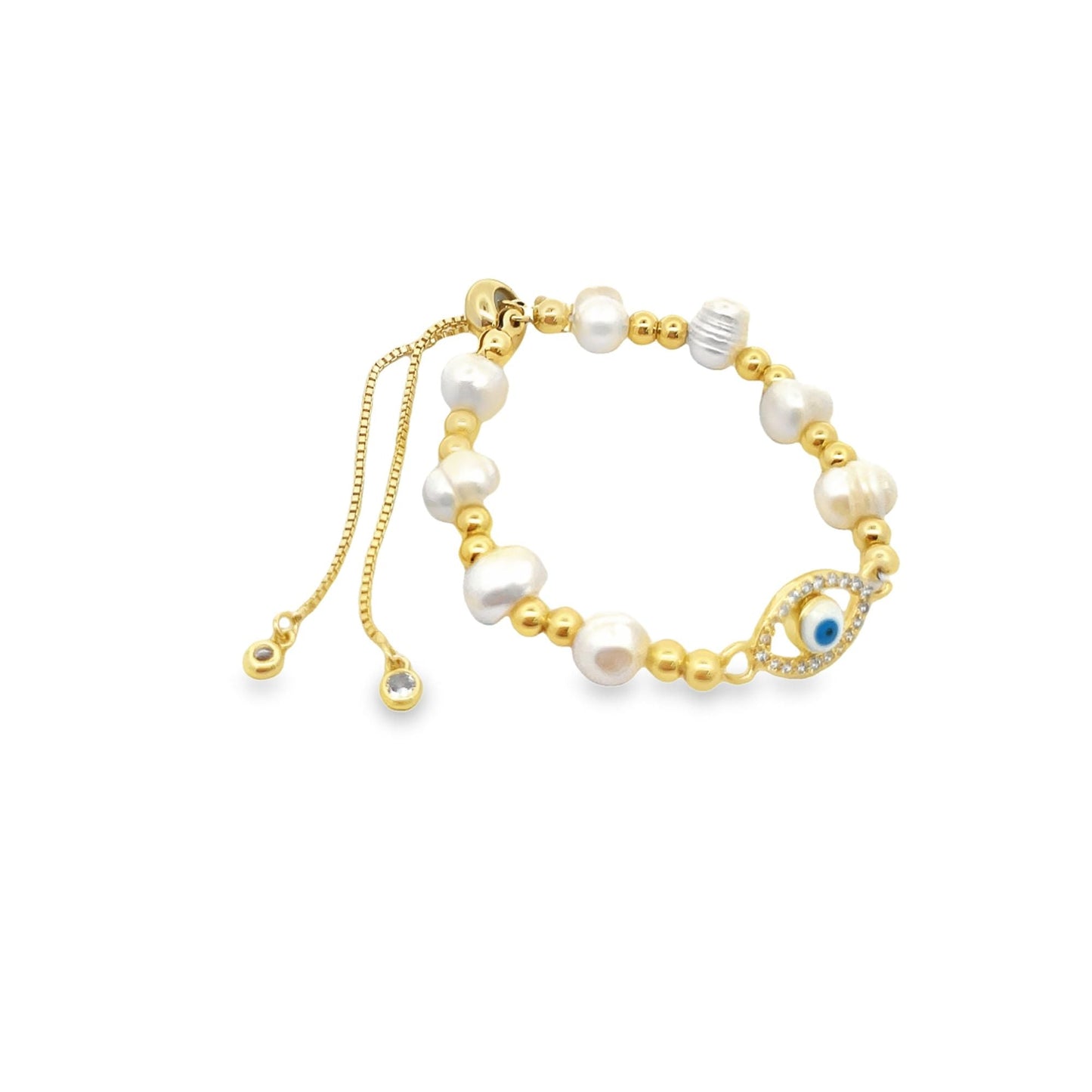 CZ Evil Eye Shaped Fresh Water Pearl Adjustable Beaded Protection Bracelet