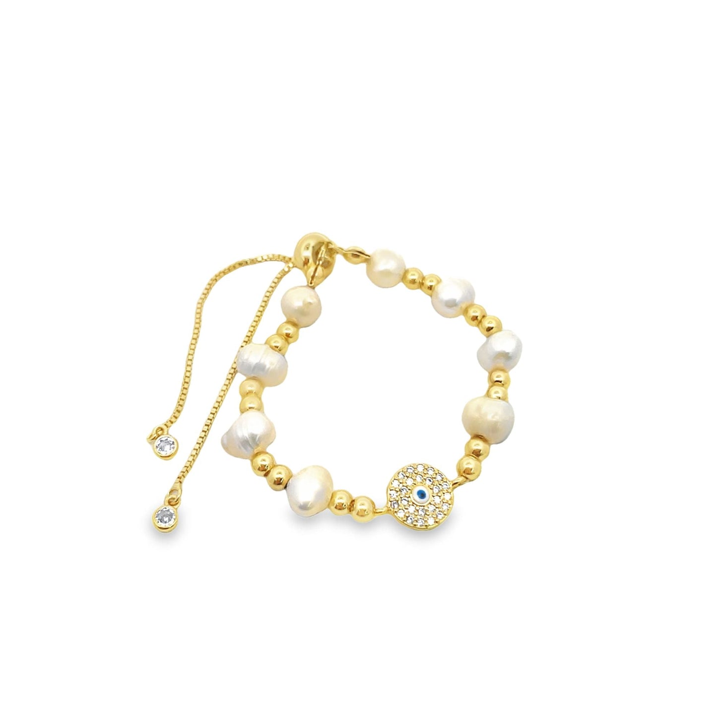 CZ Evil Eye Round Shape Fresh Water Pearl Adjustable Beaded Protection Bracelet