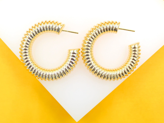 18K Gold Filled Thick Textured Hoop Earrings (J203)(J202)