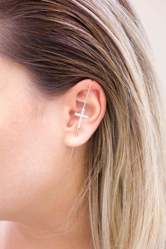 Gold Filled CZ Stone Cross Industrial Bar Ear Cuff