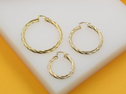 18K Gold Filled 4mm Thick Twisted Hoops Lever Back Earrings