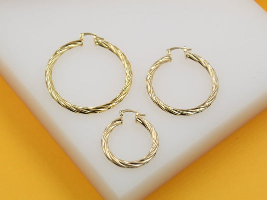 18K Gold Filled 3mm Thick Twisted Hoops Lever Back Earrings (J115, J116, J117, J156)
