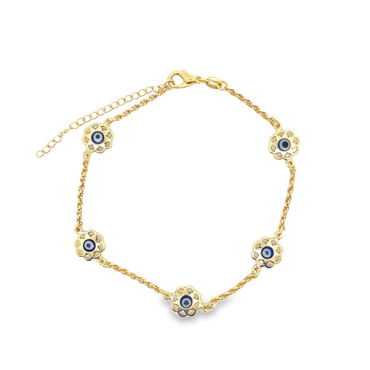 18K Gold Filled Flower Evil Eye Charm Bracelet