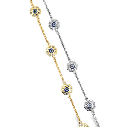 18K Gold Filled Flower Evil Eye Charm Bracelet